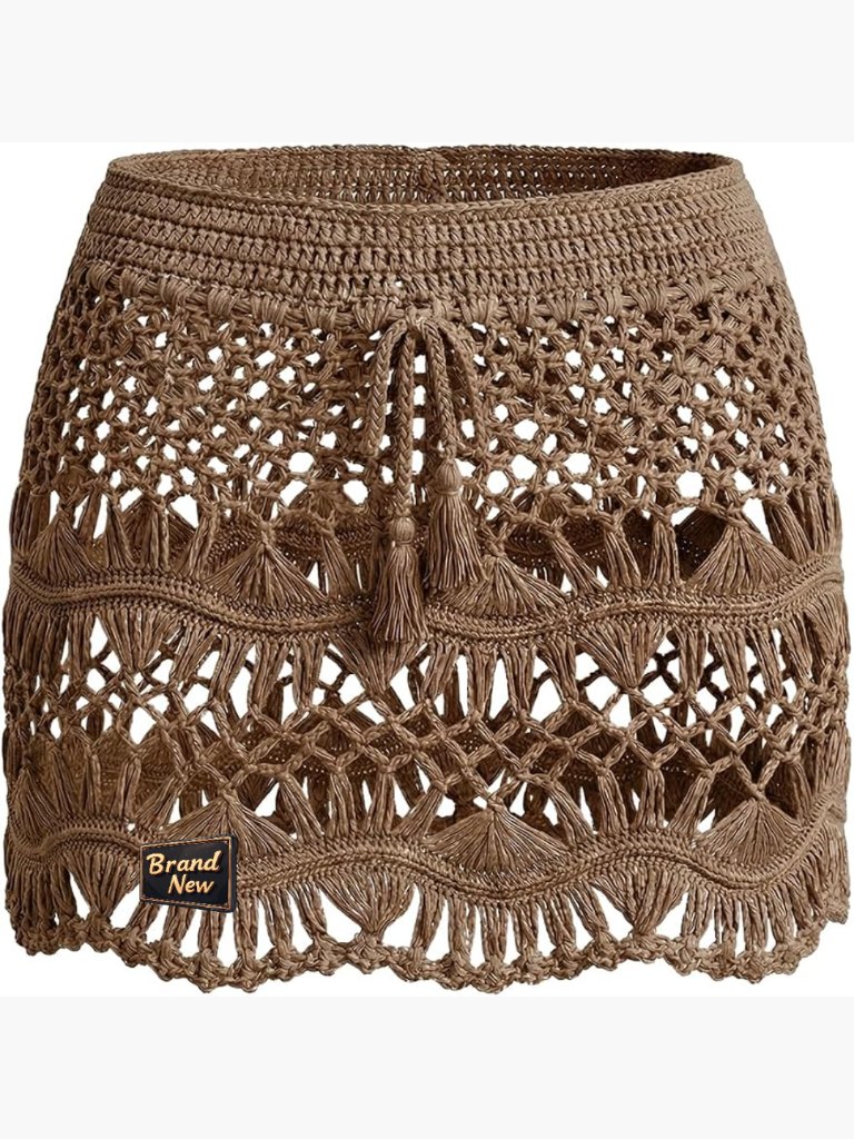 Crochet Knit Swim Coverup Skirt Drawstring Mini Sheer Beach Cover Up